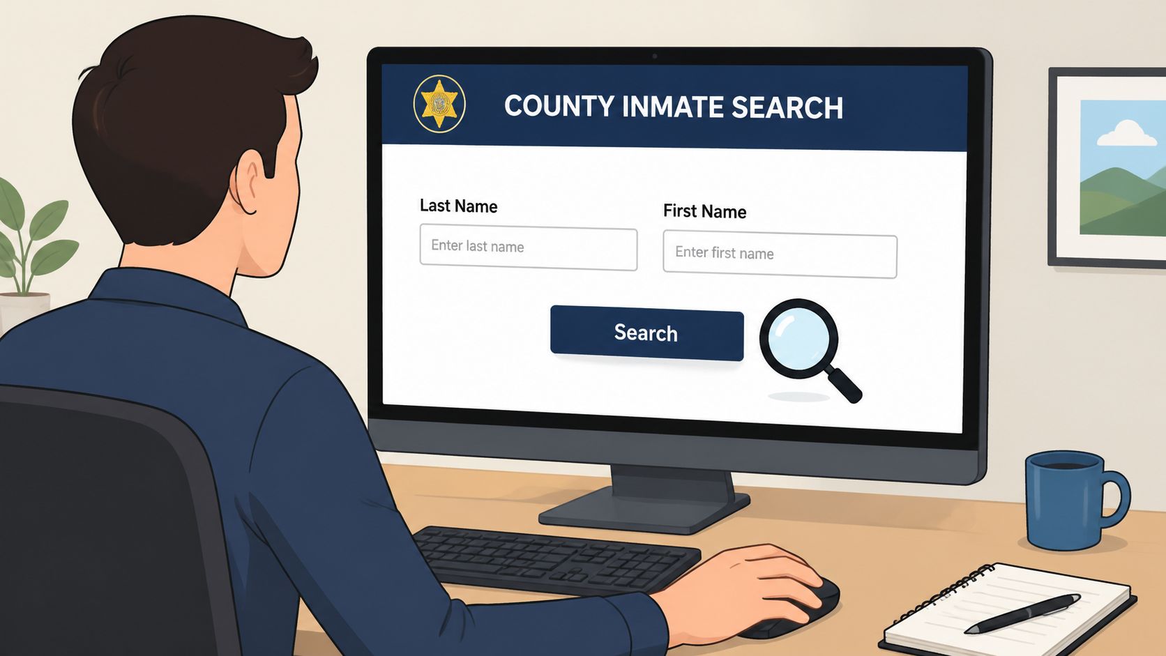 A person sitting at a desk searching for inmate records on a computer screen in an office.