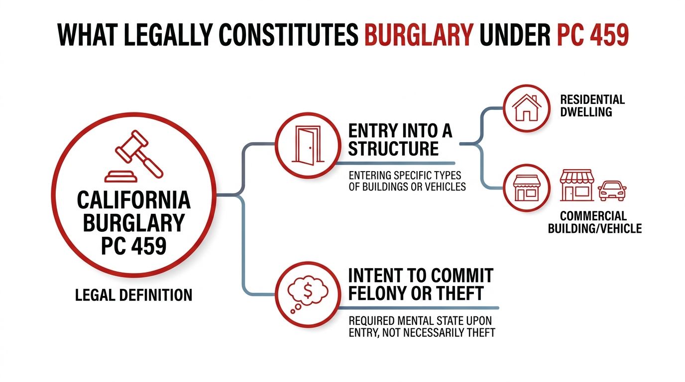 A diagram explaining California Penal Code 459, detailing entry into a structure and intent to commit theft.