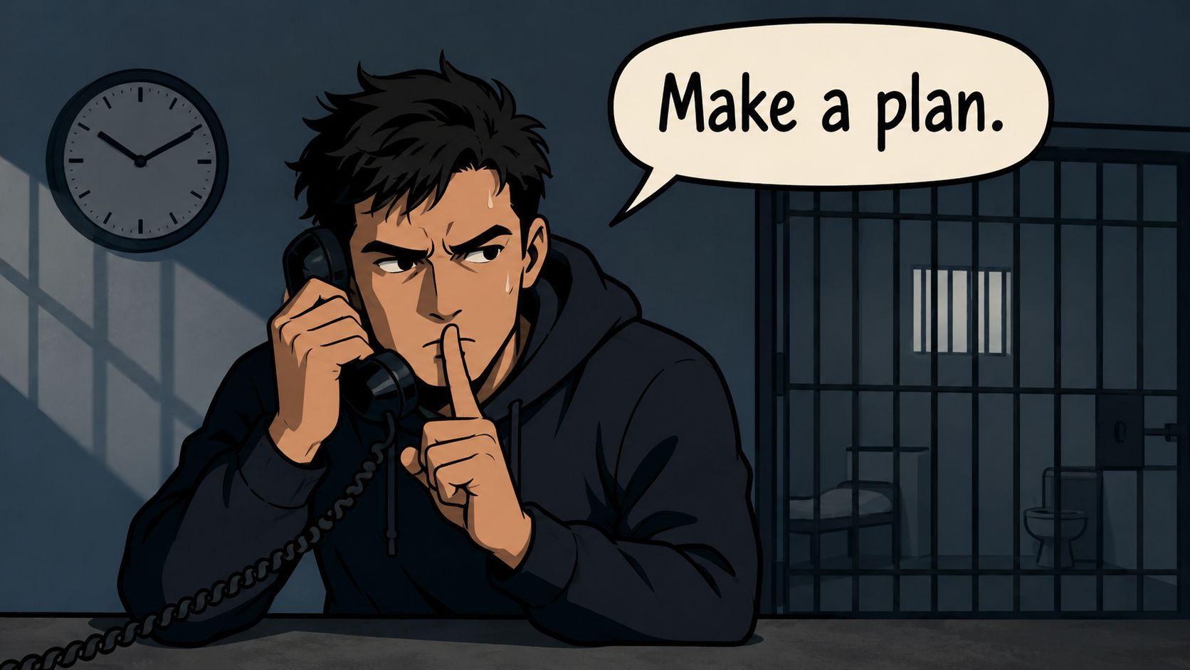 An anime-style prisoner holding a phone makes a shushing gesture while looking suspicious in a jail cell.