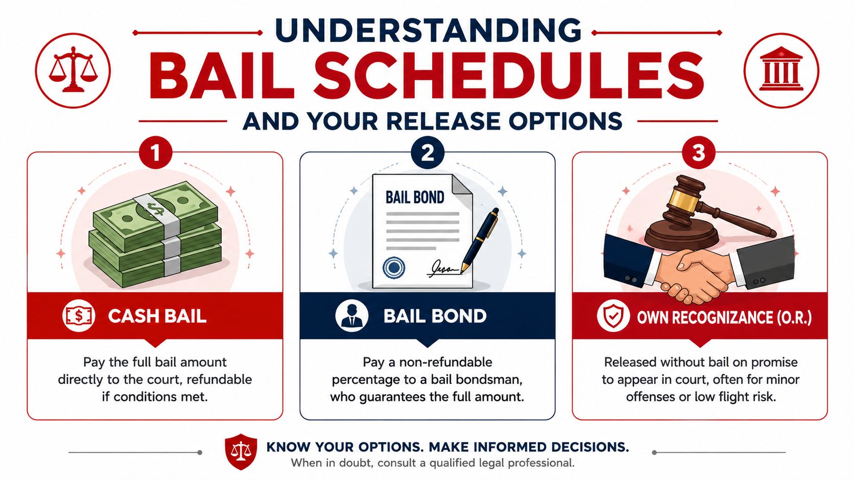 An infographic explaining bail schedules and three release options including cash bail, bail bonds, and own recognizance.