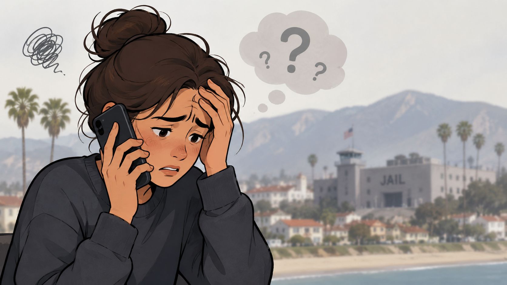 A worried young woman talks on her phone near a beach with the Santa Barbara County Jail.