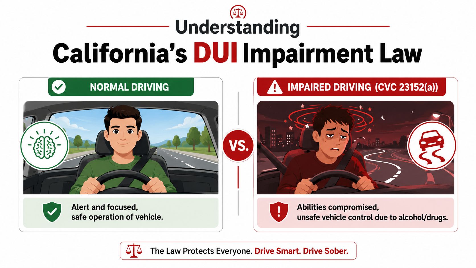 A comparison chart showing a focused driver in normal driving versus an impaired driver under the influence.