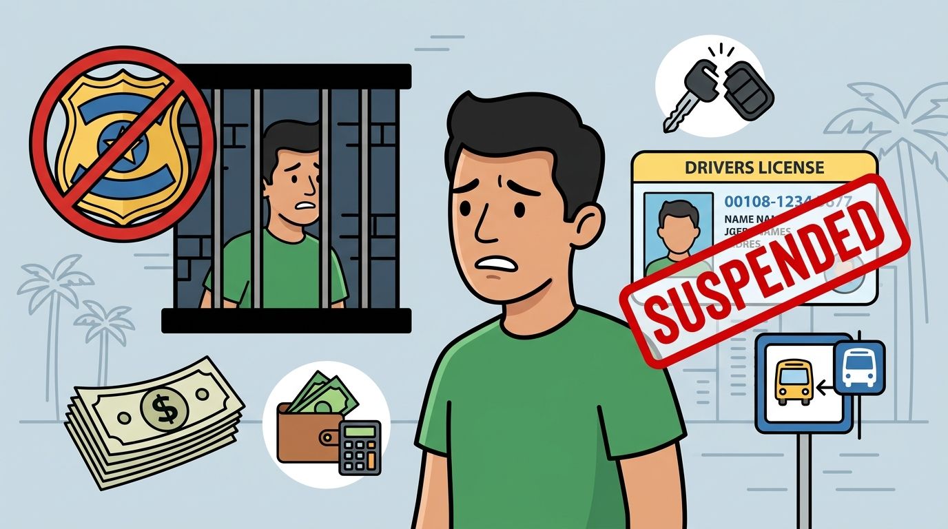 A worried man facing legal issues including jail time, a suspended driver's license, and financial costs.