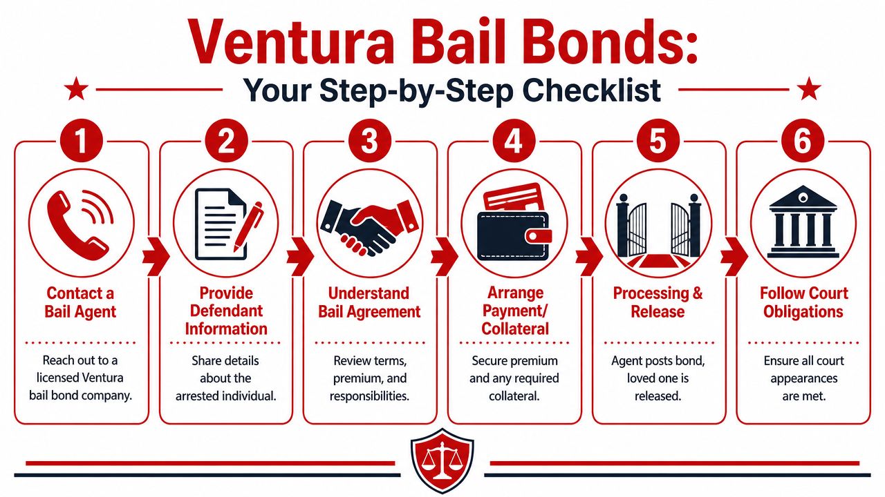 A six-step checklist infographic outlining the process for securing bail bonds in Ventura for families.