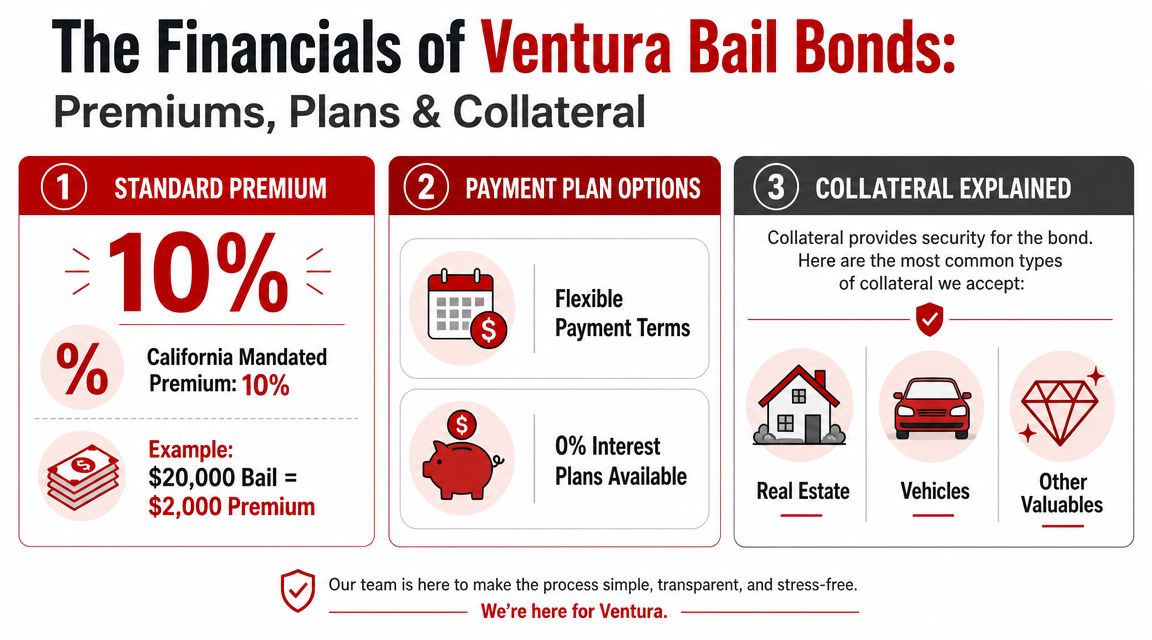 An infographic detailing bail bond financials including standard premiums, payment plan options, and accepted collateral types.