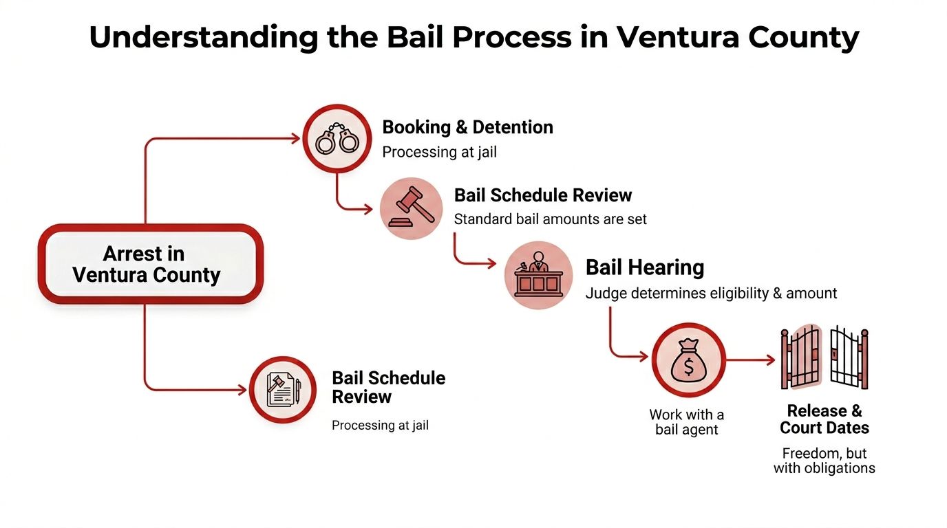 A flow chart illustrating the step-by-step bail process for individuals arrested in Ventura County, California.