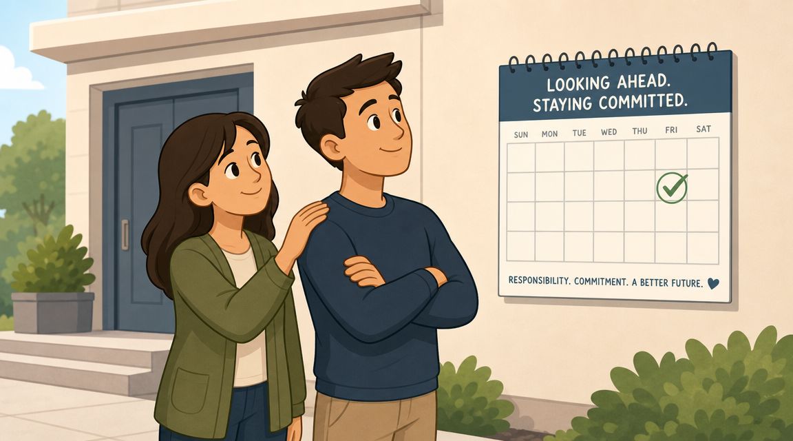 A couple standing together looking at a wall calendar with a checkmark, symbolizing planning and commitment.