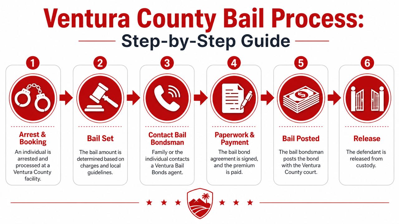 A six-step infographic detailing the Ventura County bail process from arrest and booking to release from custody.