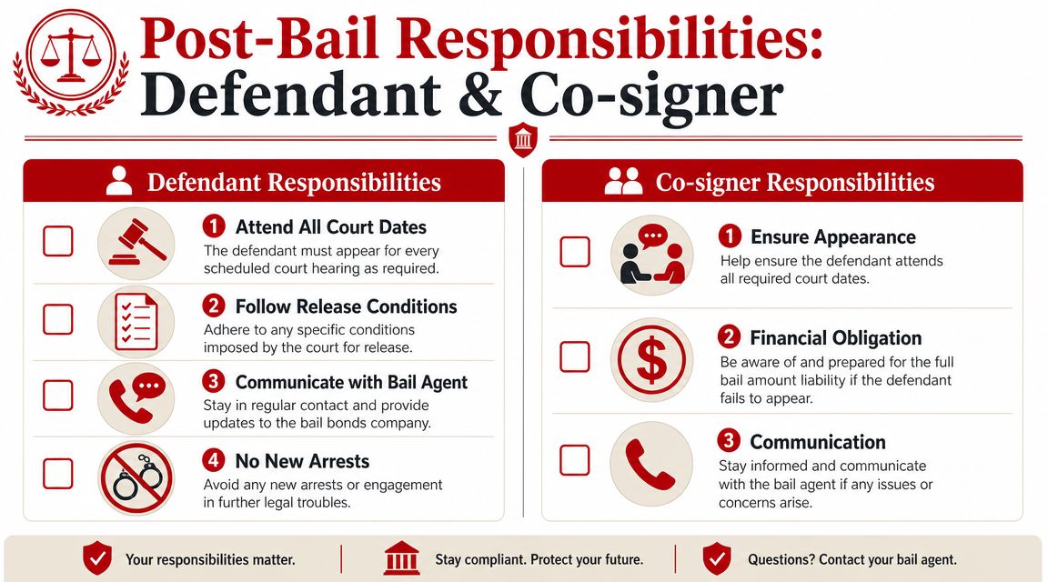 An infographic titled Post-Bail Responsibilities outlining duties for defendants and co-signers in the bail process.