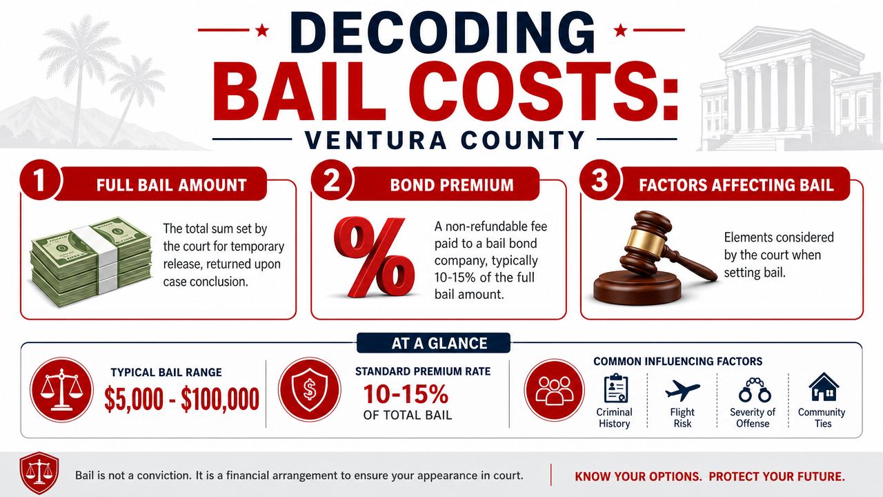 An infographic explaining bail costs, premiums, and factors influencing bail amounts in Ventura County, California.