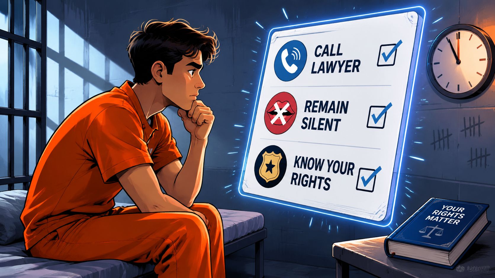 A young man sitting in a jail cell contemplating his legal rights displayed on a glowing screen.