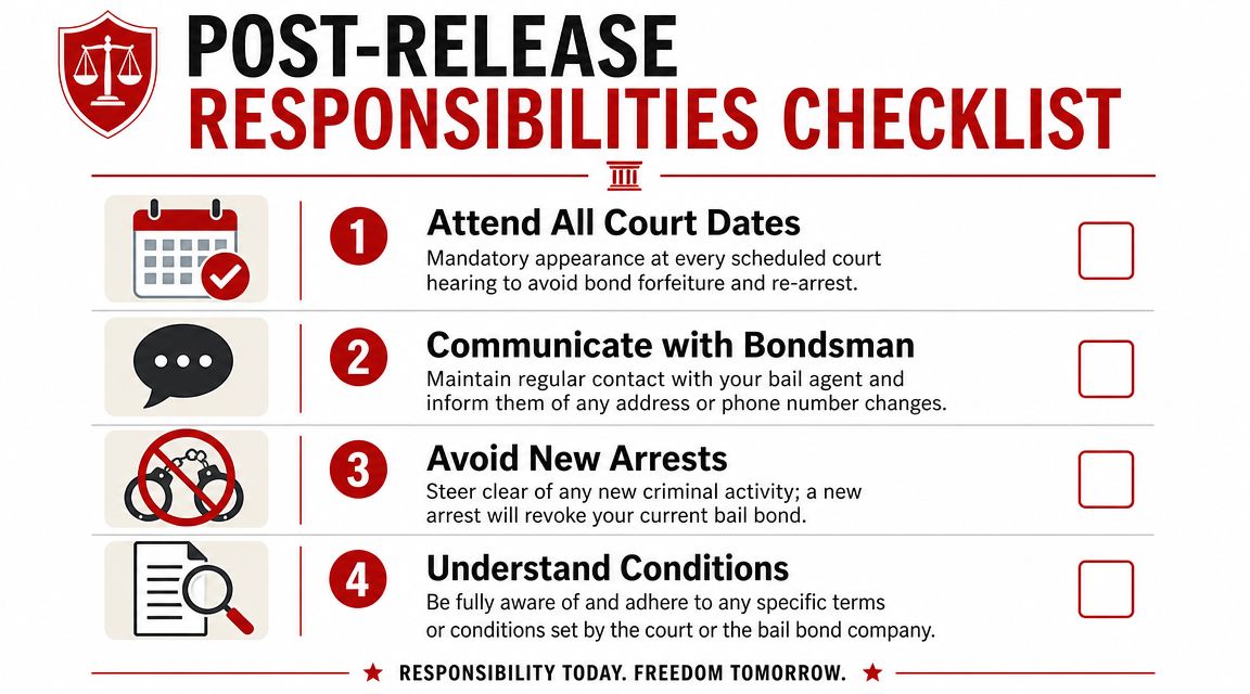 A checklist for post-release responsibilities, emphasizing court attendance, communication with a bondsman, avoiding new arrests, and understanding conditions.