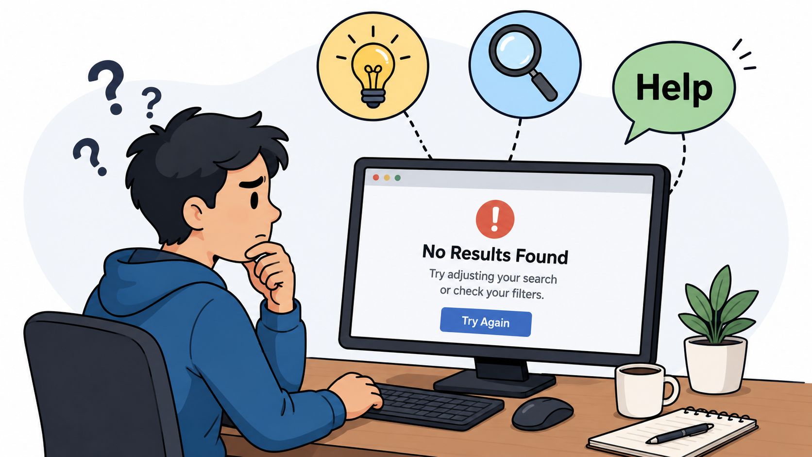 A confused person looking at a computer screen displaying a No Results Found search error message.