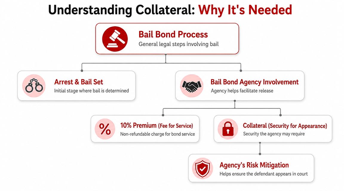 A flowchart explaining the bail bond process and why collateral is required for legal agency risk mitigation.