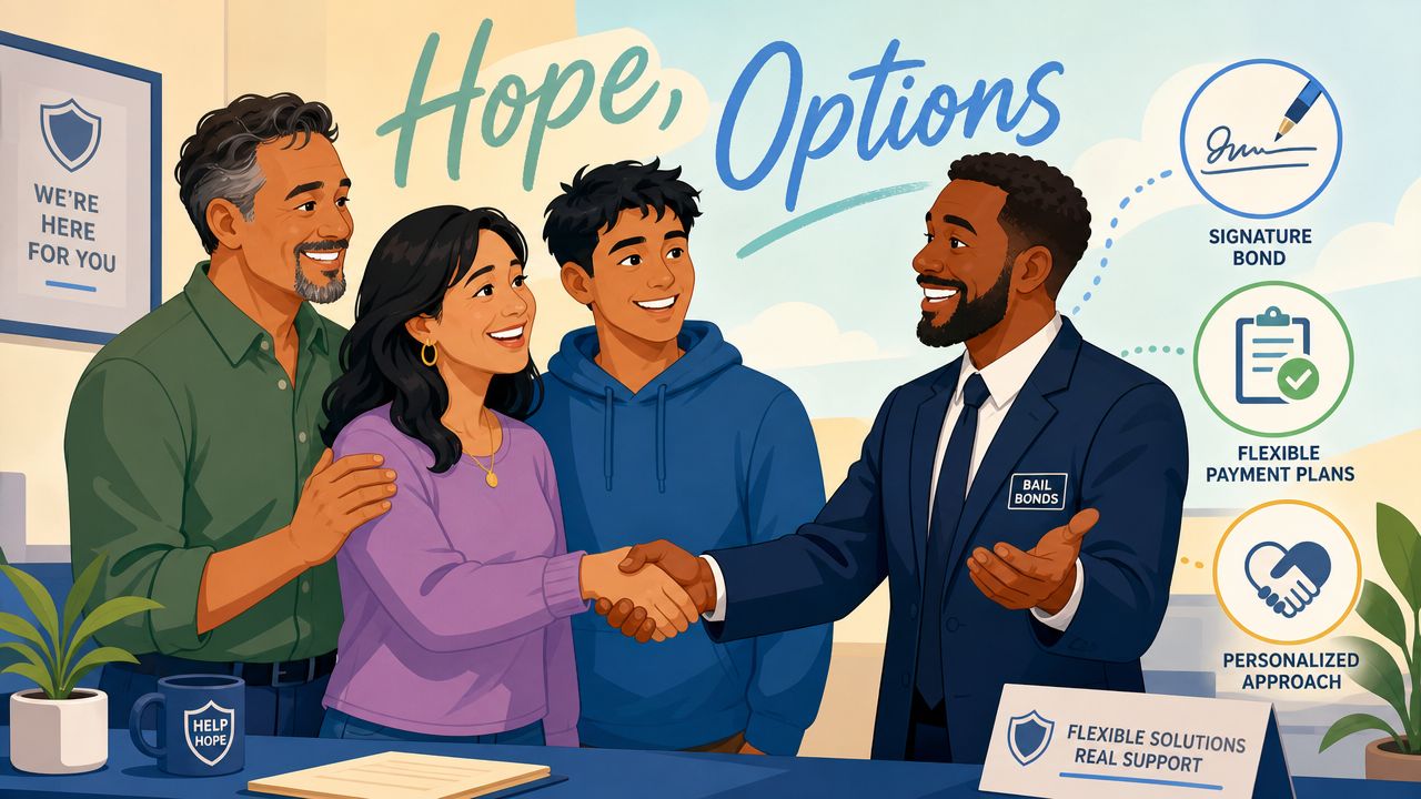 A family shaking hands with a bail bondsman in an office, symbolizing support and financial options.