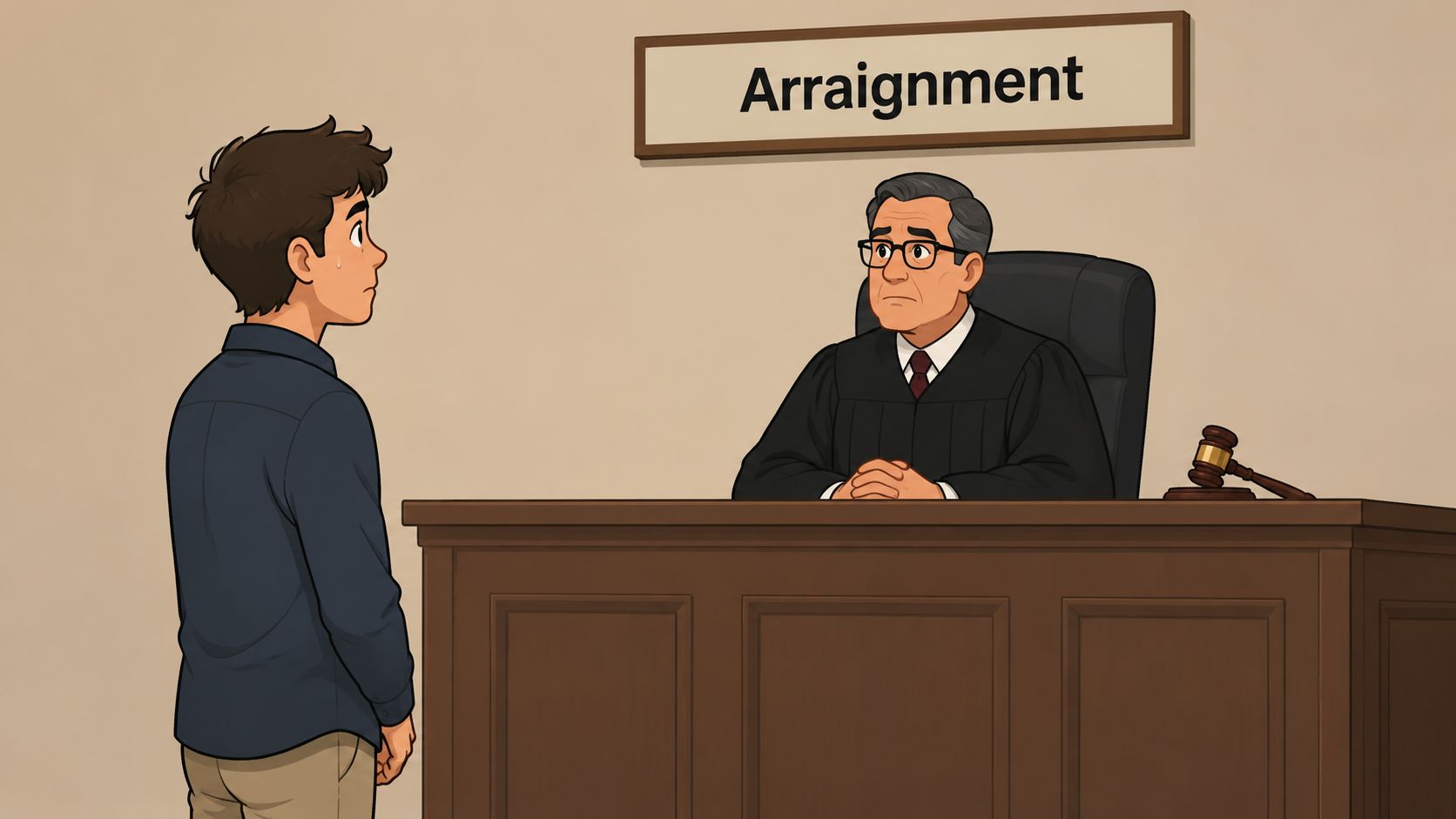 A nervous young man stands before a serious judge in a courtroom for an arraignment hearing.