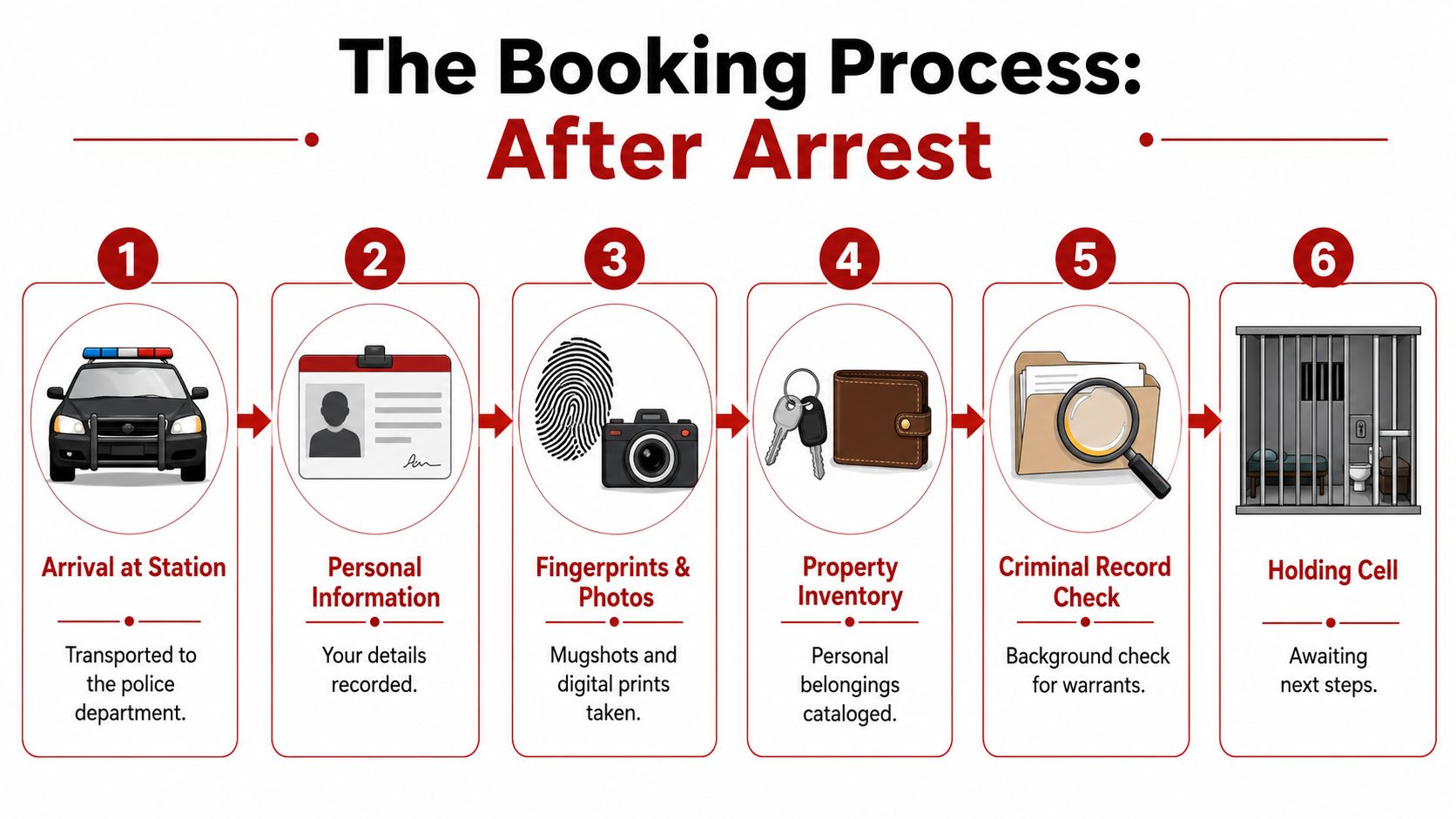 An infographic detailing the six-step booking process after an arrest at a police station.