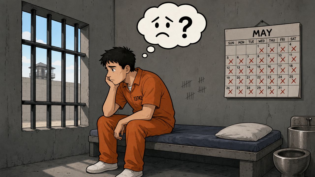A lonely prisoner in an orange jumpsuit sits on his cell bed, looking thoughtful and sad.