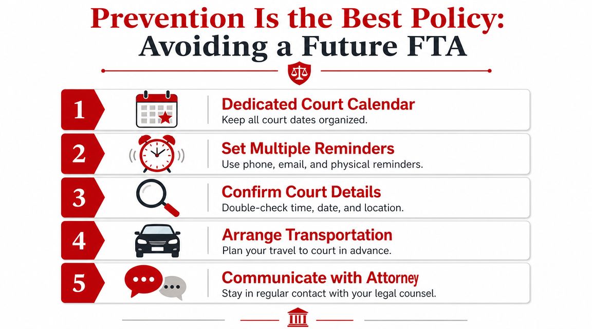 A five-step infographic providing tips on how to avoid missing a scheduled court appearance.