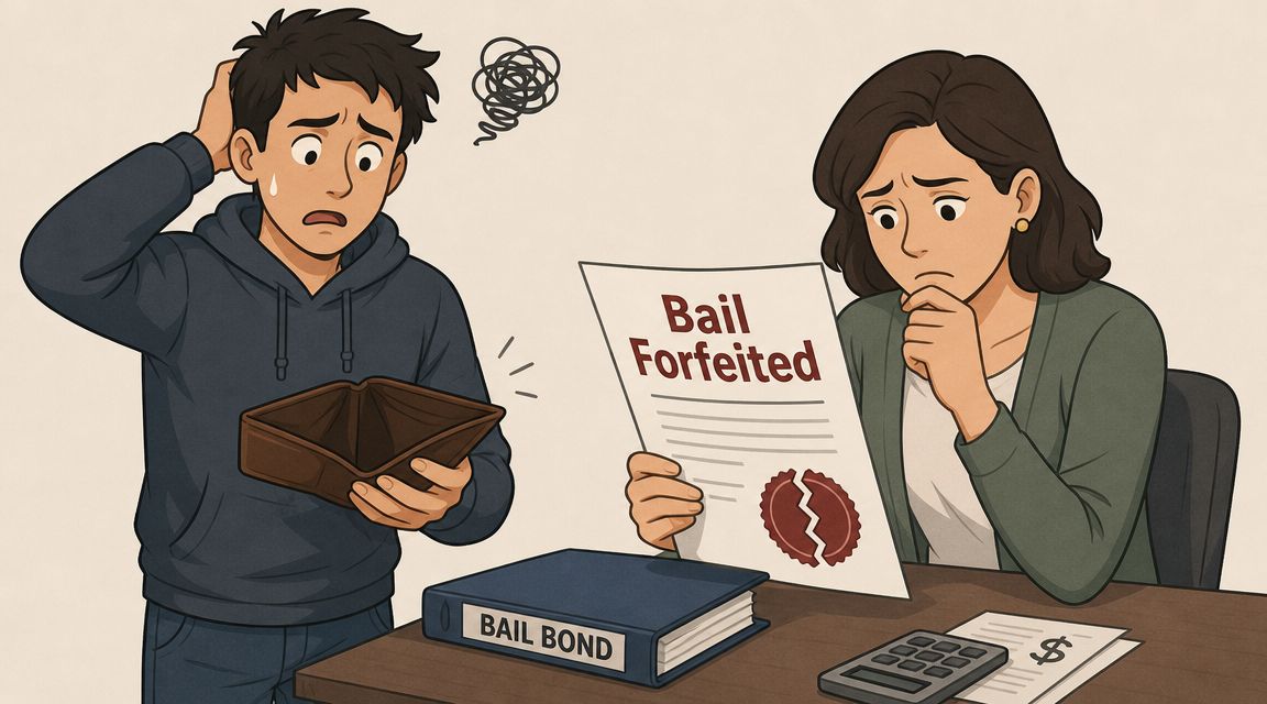 A concerned young man and woman looking at a Bail Forfeited legal document at a desk.