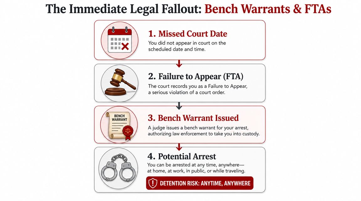 A flowchart showing the four sequential steps following a missed court date, from FTA to potential arrest.