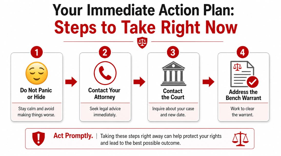 A four-step legal guide infographic advising what to do after missing a court appearance or warrant.