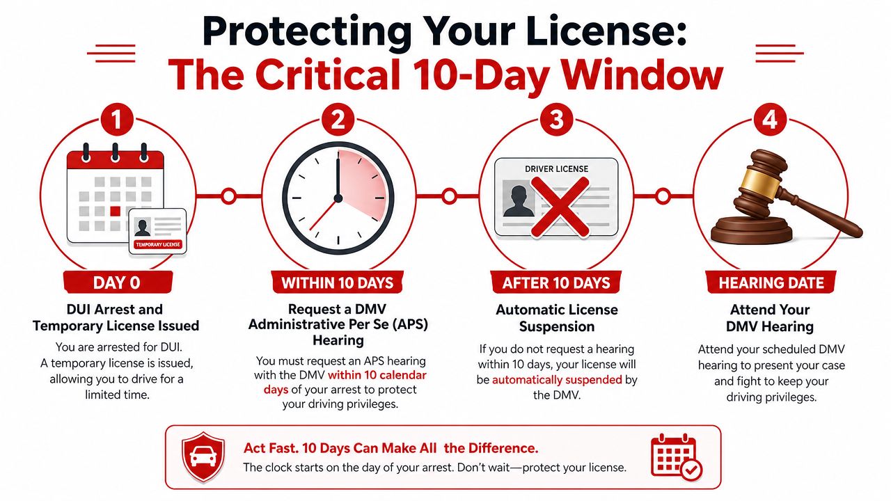 An infographic showing the critical ten-day window to request a DMV hearing after a DUI arrest.