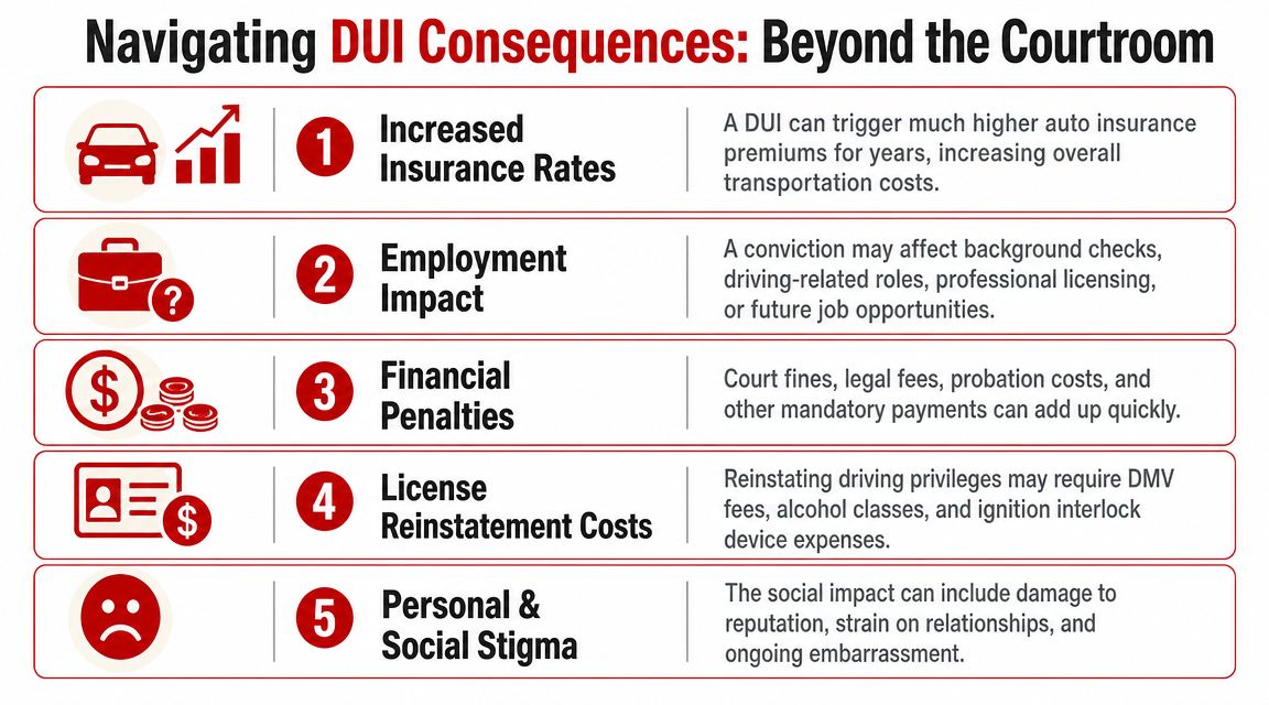 An infographic detailing five significant, long-term personal and financial consequences of a DUI conviction beyond courtroom penalties.