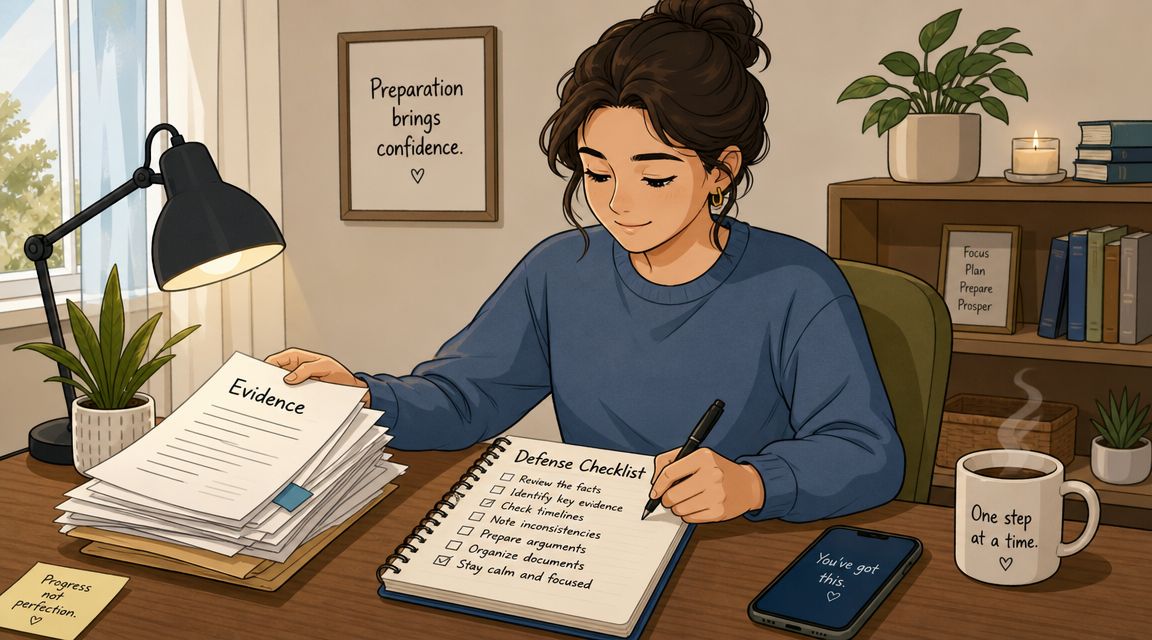 A woman at a desk organizing documents while following a defense checklist for legal preparation.