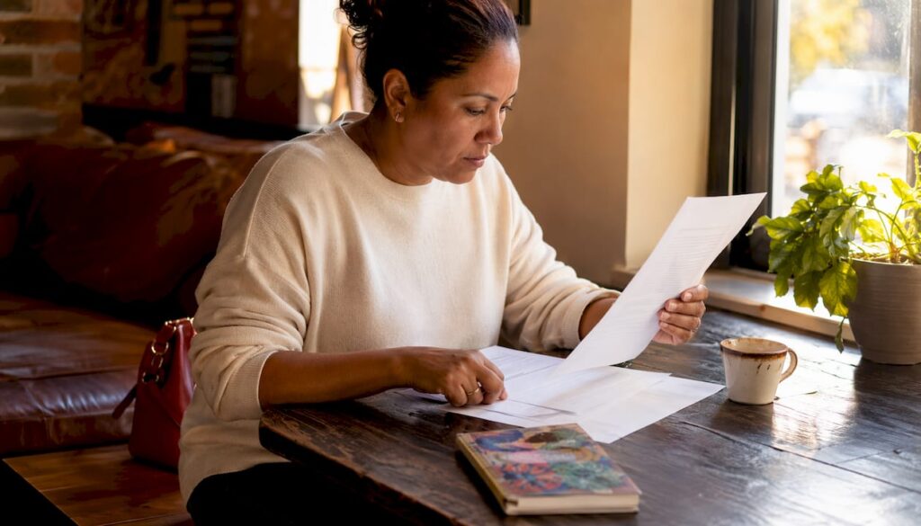 Woman reviewing jail visitation rules at home table