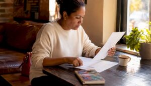Woman reviewing jail visitation rules at home table