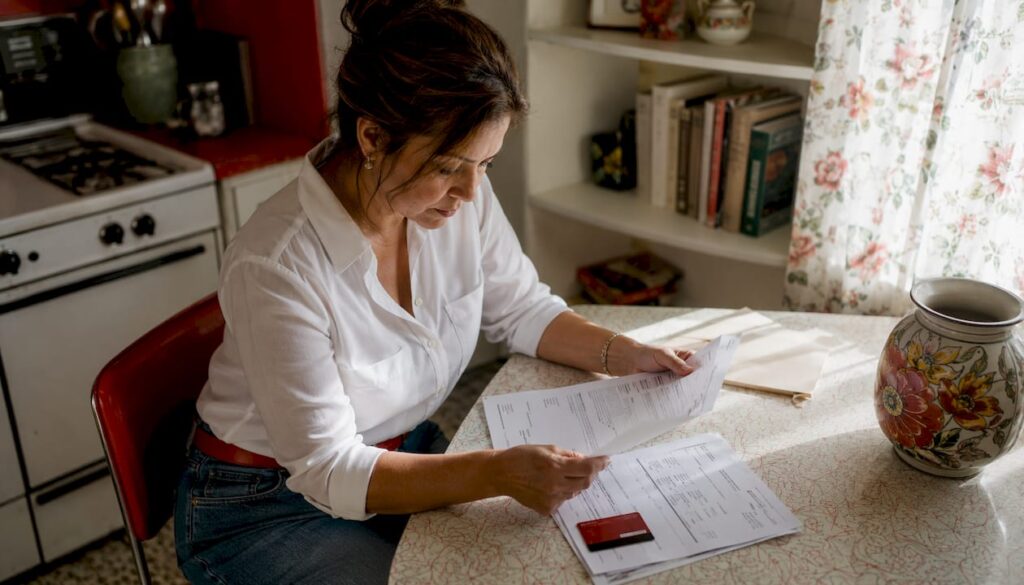 Woman reviewing bail payment and credit card documents