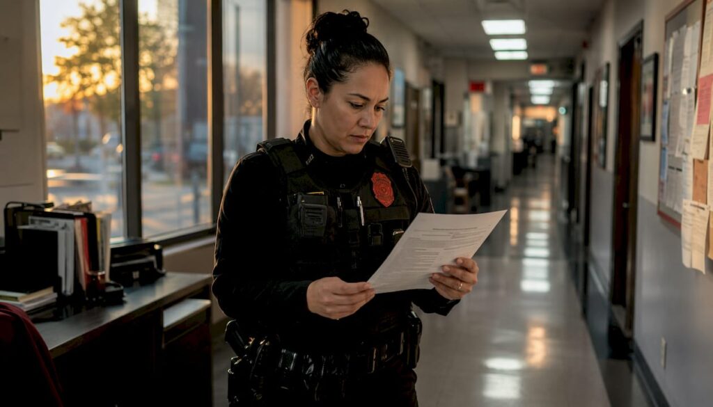 Officer reviewing emergency protective order paperwork