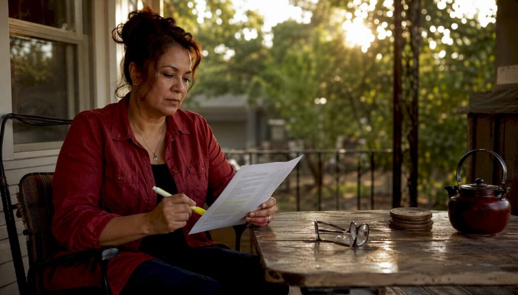 Woman reviewing bail bond contract at home