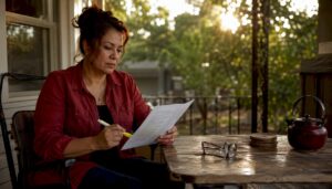 Woman reviewing bail bond contract at home