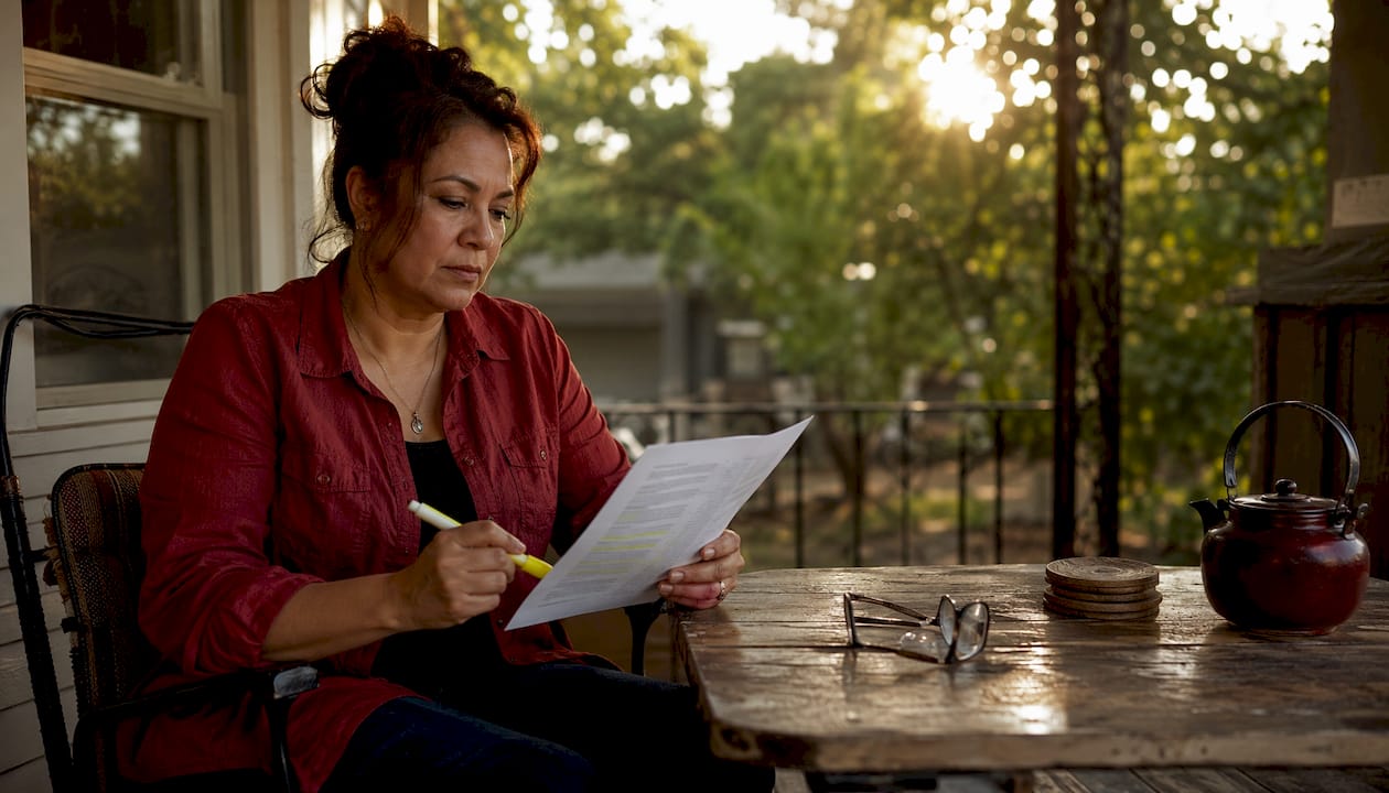 Woman reviewing bail bond contract at home
