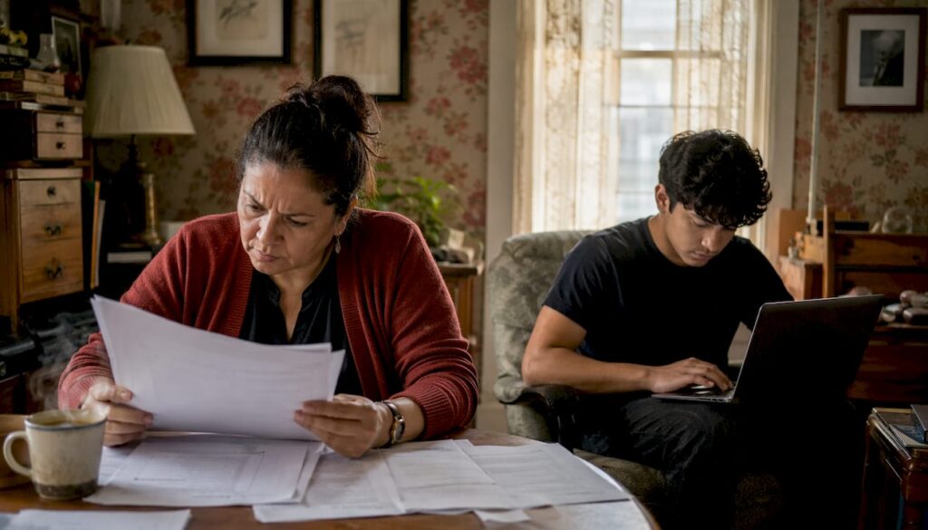 Woman reviewing protective order documents at home