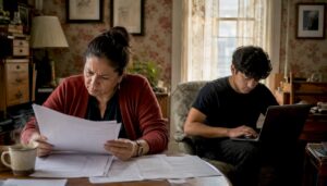 Woman reviewing protective order documents at home