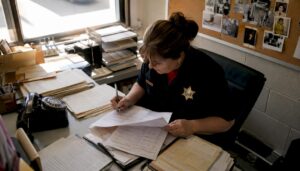 Officer reviewing police booking paperwork