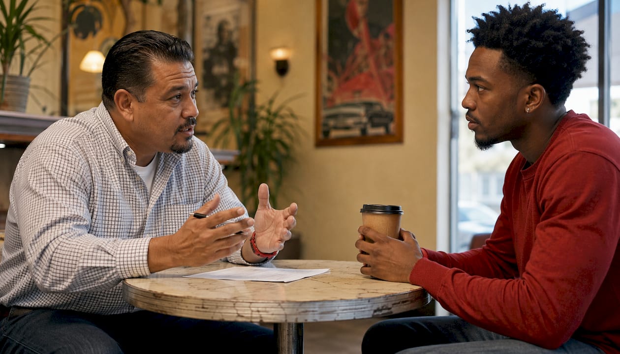 Bail bondsman consulting client in office
