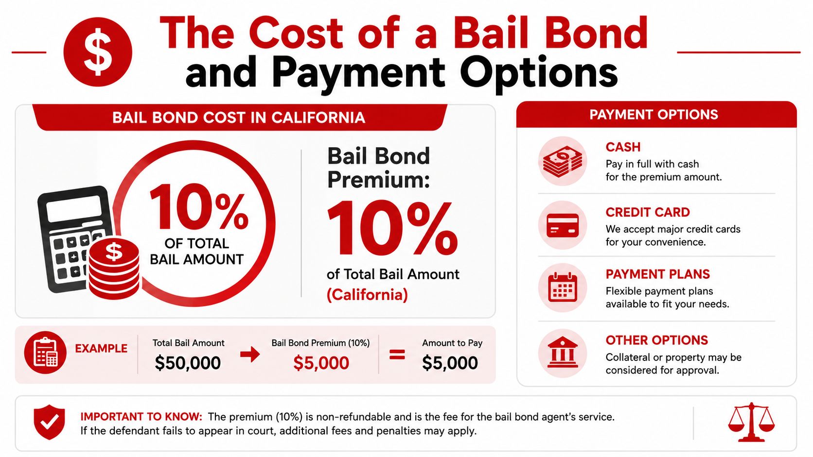 An infographic explaining California bail bond costs, 10 percent premiums, example calculations, and available payment methods.