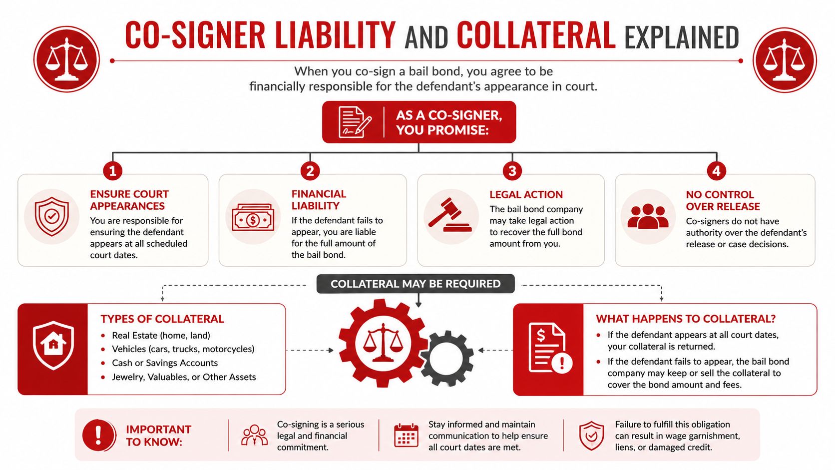 An infographic detailing the legal and financial responsibilities of a bail bond co-signer and collateral requirements.