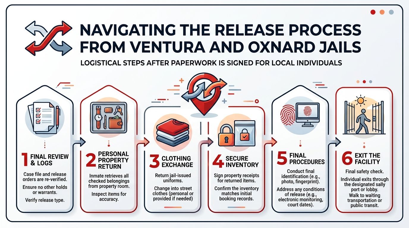An infographic showing the six step release process for individuals departing Ventura and Oxnard jails.