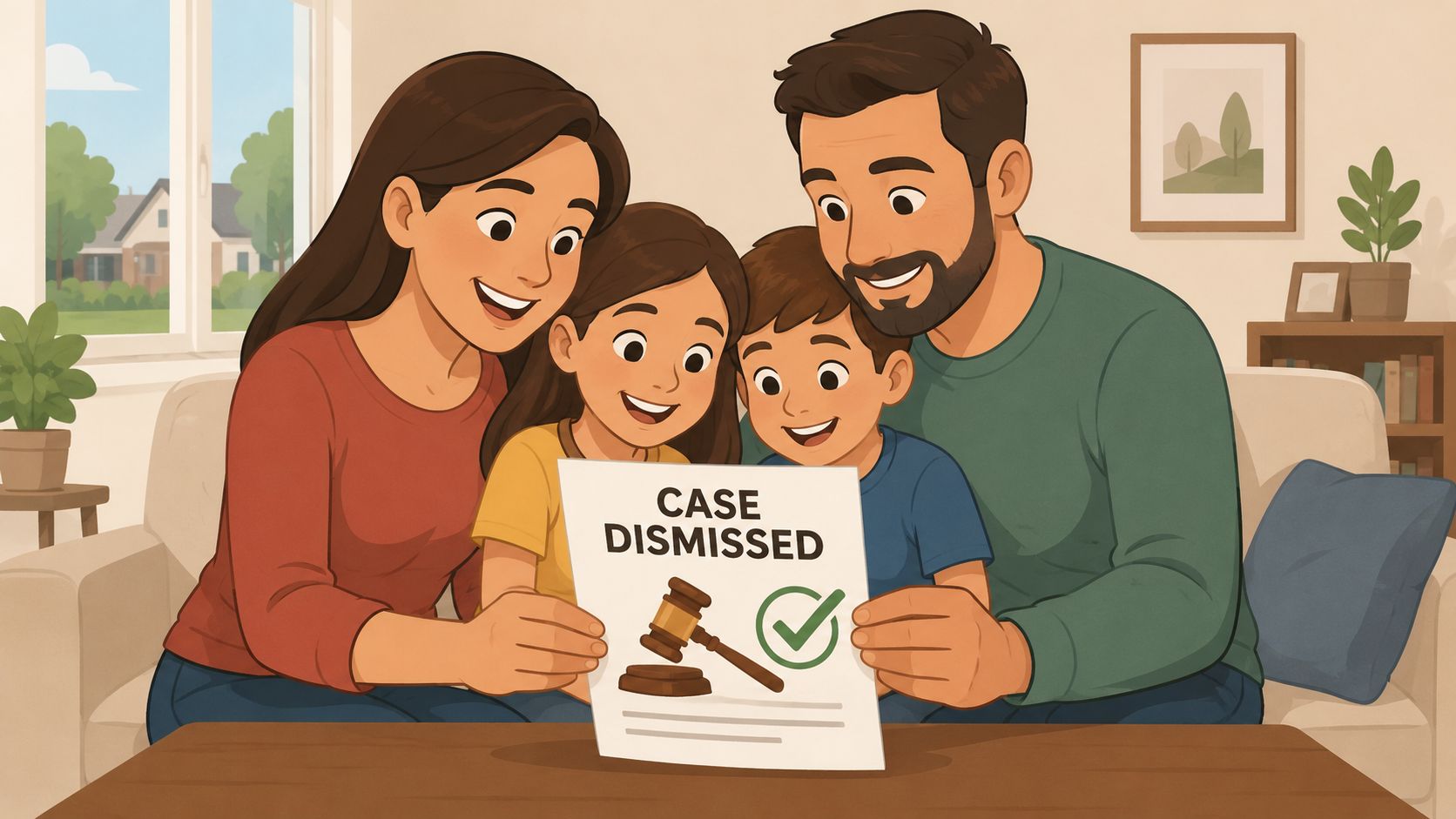 A happy family celebrating as they hold a document with the text Case Dismissed shown clearly.