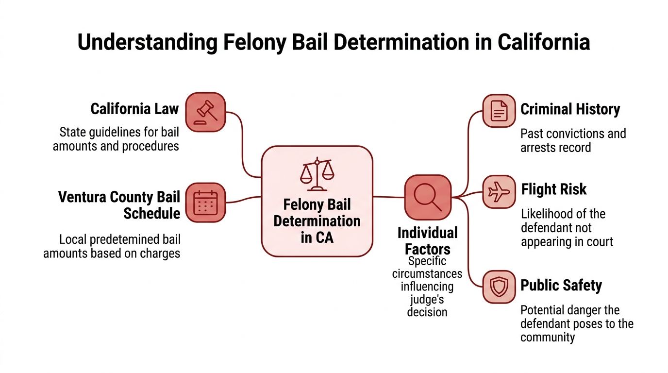 A flow chart illustrating how California felony bail amounts are determined based on legal guidelines and individual factors.