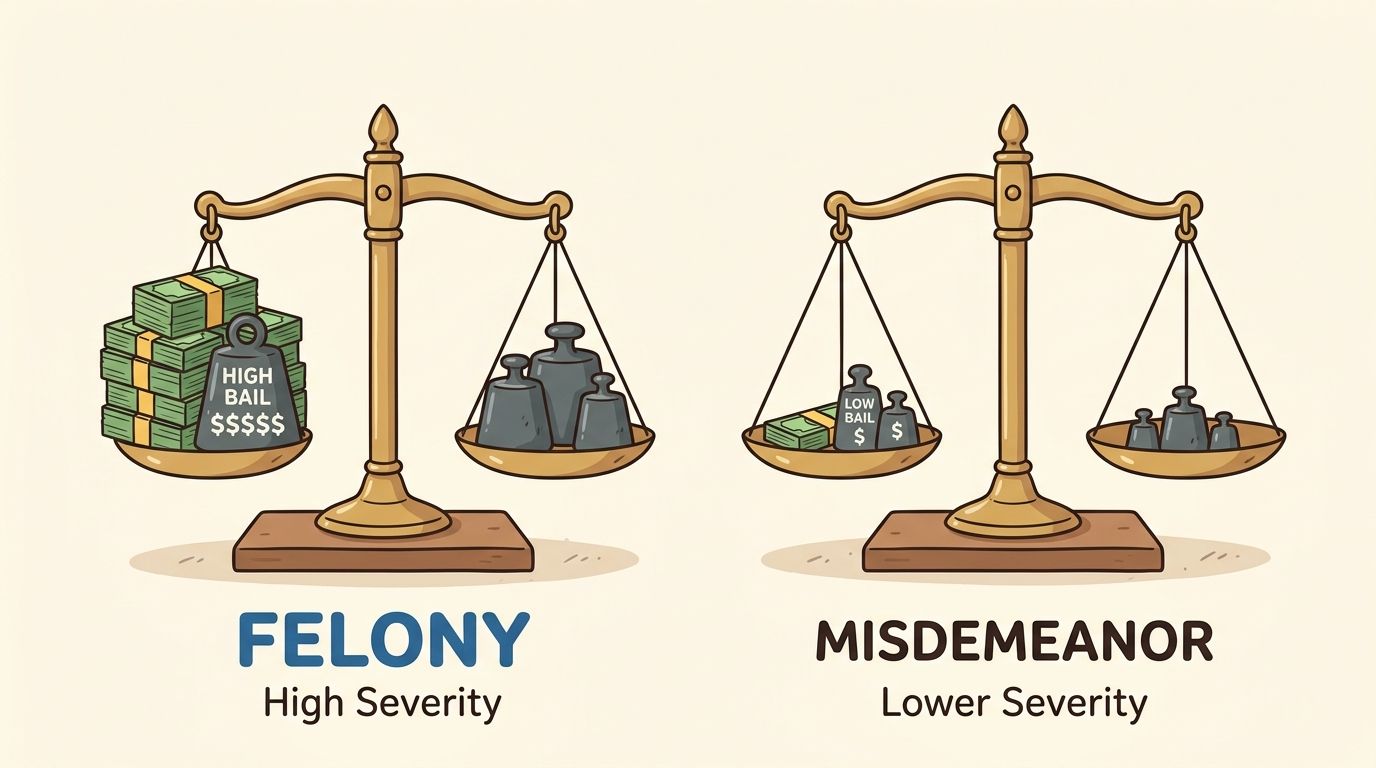 A conceptual comparison between felony and misdemeanor legal charges using balance scales with cash and weights.