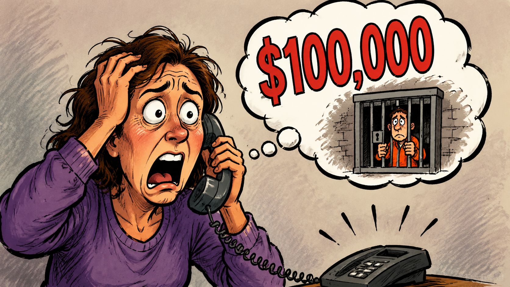A distressed woman on a telephone worrying about a $100,000 bail money demand for a jailed person.