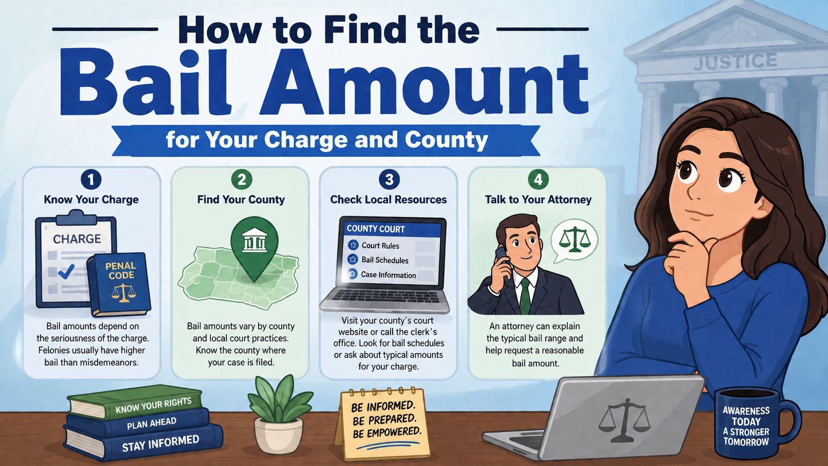 An infographic showing four steps to find bail amounts for a legal charge in a specific county.