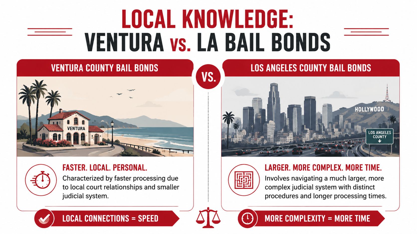 A comparative infographic showing differences between Ventura County and Los Angeles County bail bond processes.
