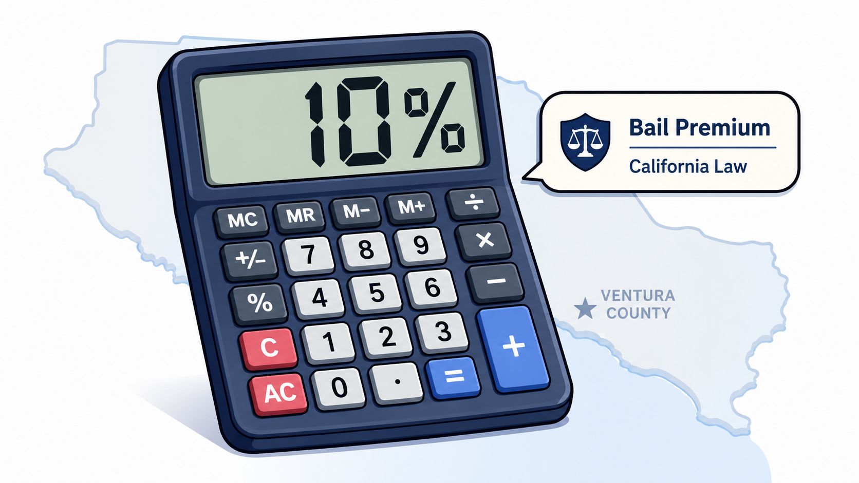 A digital calculator displaying ten percent over a map of Ventura County representing California bail premium laws.